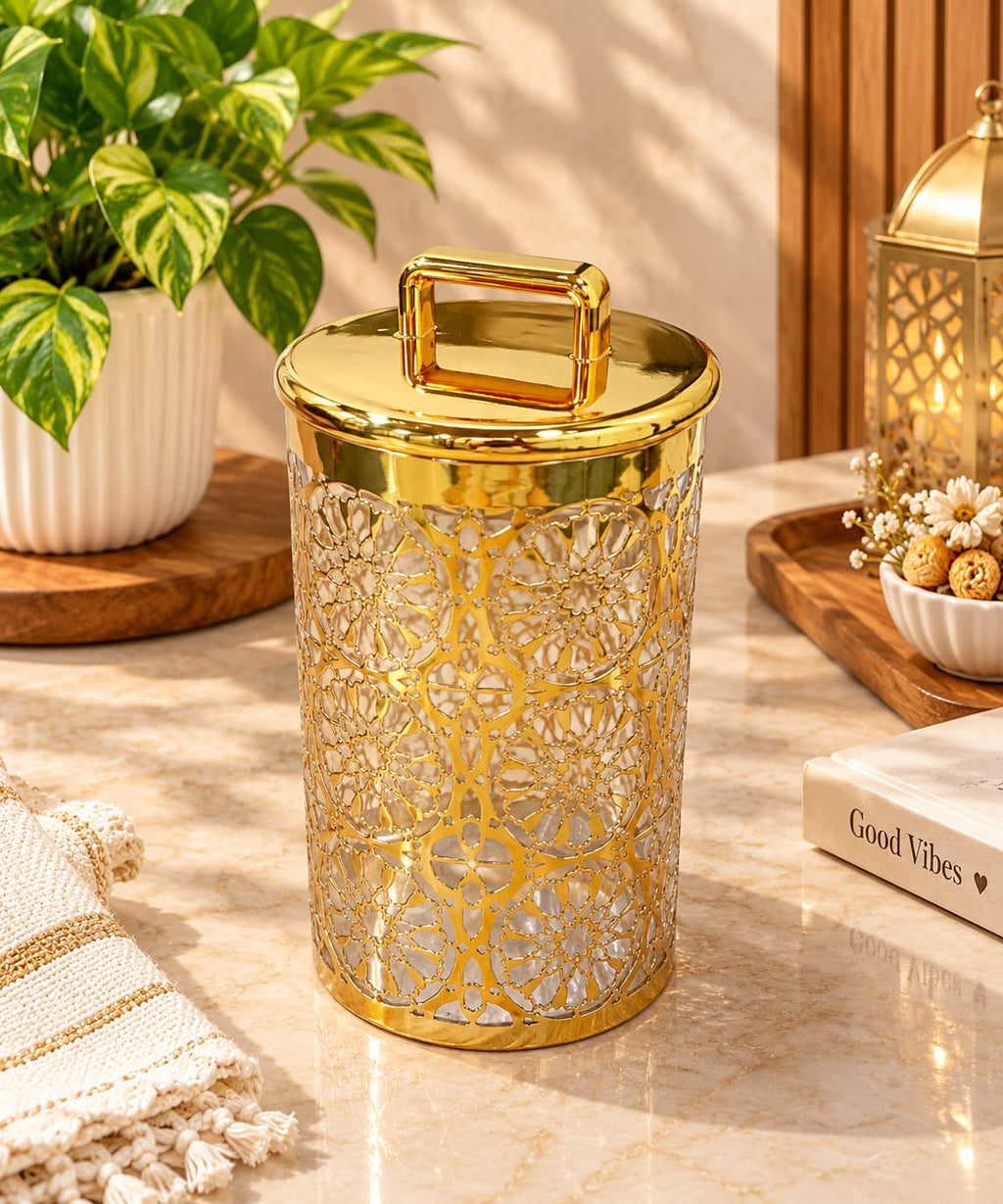 Barniwala Deluxe Gold Canister with Premium Decorative Design & Lid | Elegant Kitchen Storage Container for Dry Fruits, Snacks, Tea, Coffee, Sugar & Spices | Stylish Food Storage Jar for Home & Dining