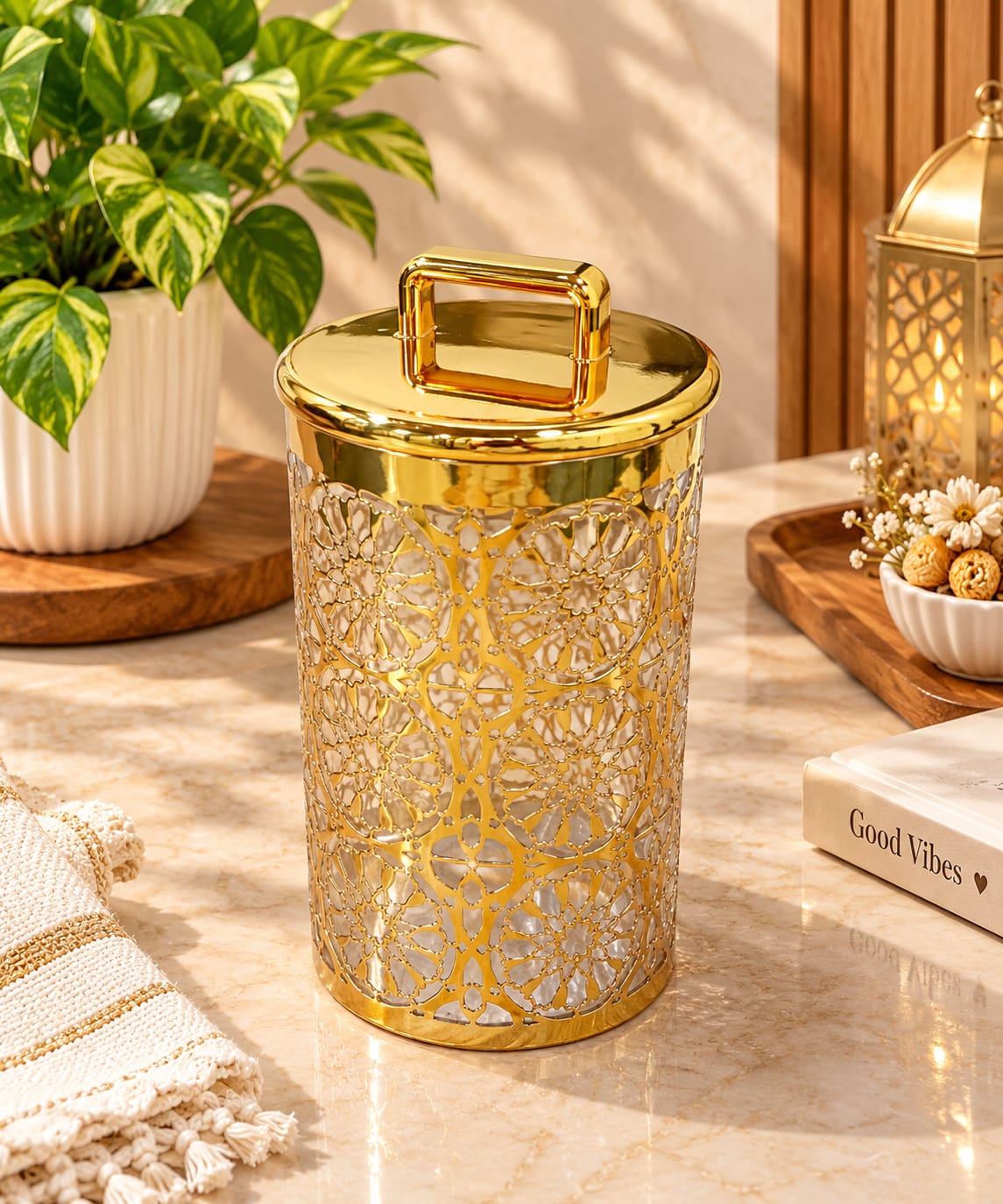 Barniwala Deluxe Gold Canister with Premium Decorative Design & Lid | Elegant Kitchen Storage Container for Dry Fruits, Snacks, Tea, Coffee, Sugar & Spices | Stylish Food Storage Jar for Home & Dining