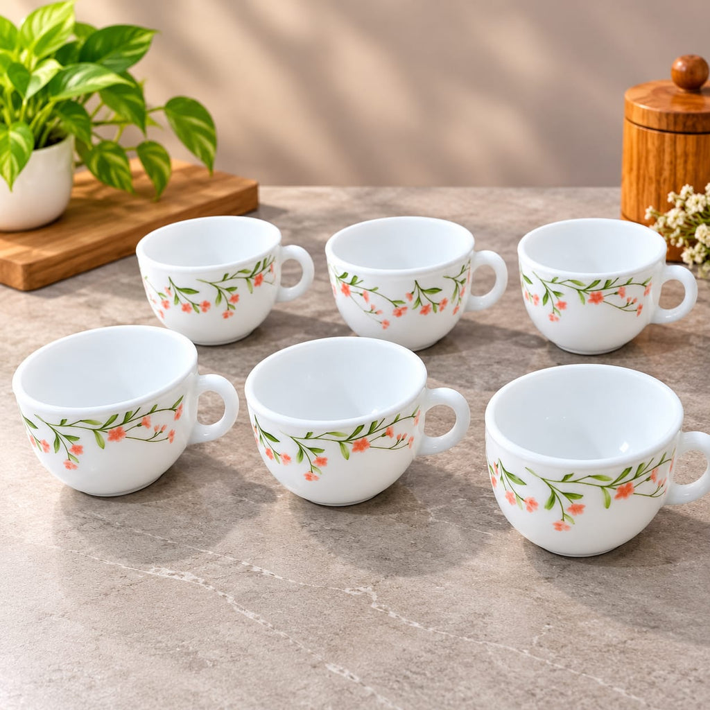 La Opala Spring Meadows Cup Set of 6, 100 ml Each, White Floral Tea & Coffee Cups