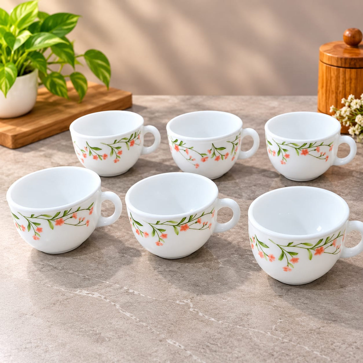La Opala Spring Meadows Cup Set of 6, 100 ml Each, White Floral Tea & Coffee Cups