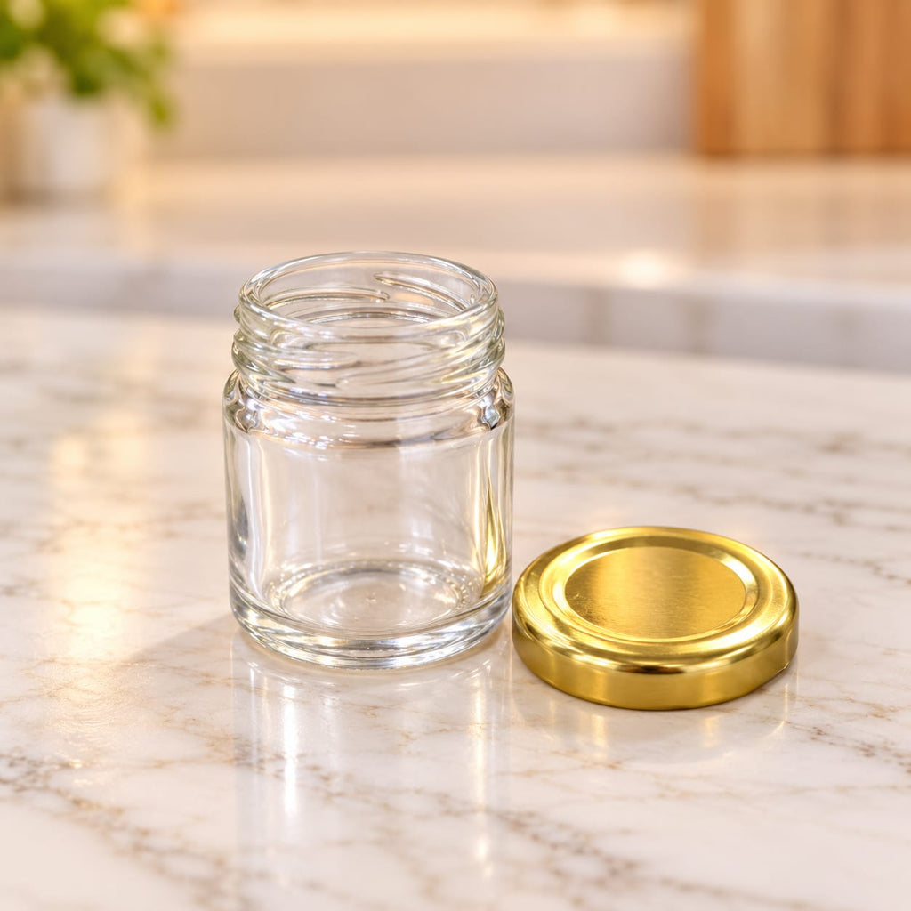 Cylindrical Glass Jars 40 ML with Golden Metal Lid, Set of 12 | Mini Glass Storage Containers for Spices, Dry Fruits, Crafts, Cosmetics & Kitchen Storage