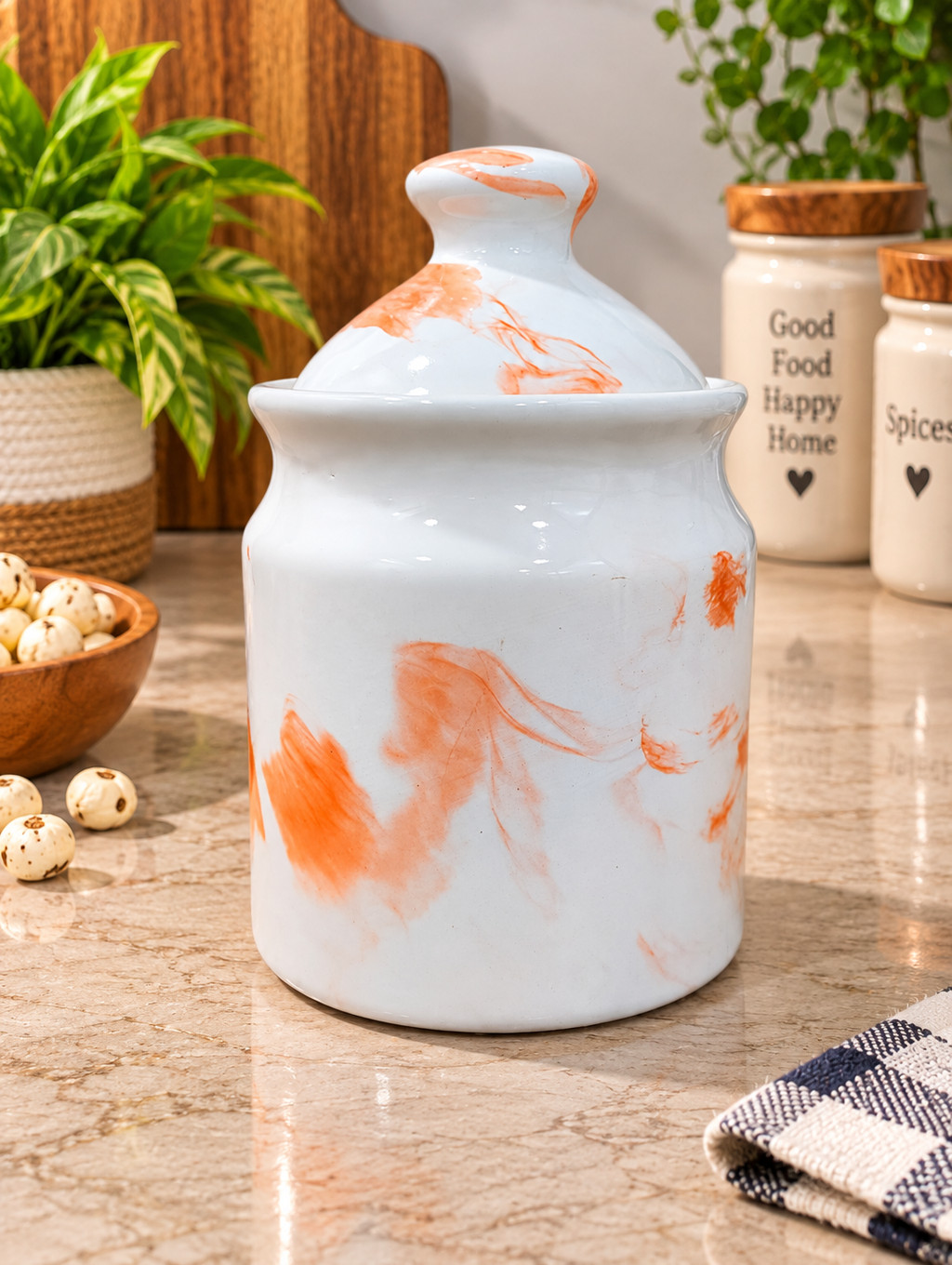 Barniwala 500 ML Ceramic Cutting Jar with Lid | Stylish Decorative Storage Container for Kitchen & Pantry | Ideal for Pickle, Achar, Spices, Dry Fruits, Snacks, Tea, Coffee & Sugar | Premium Ceramic Kitchen Organizer