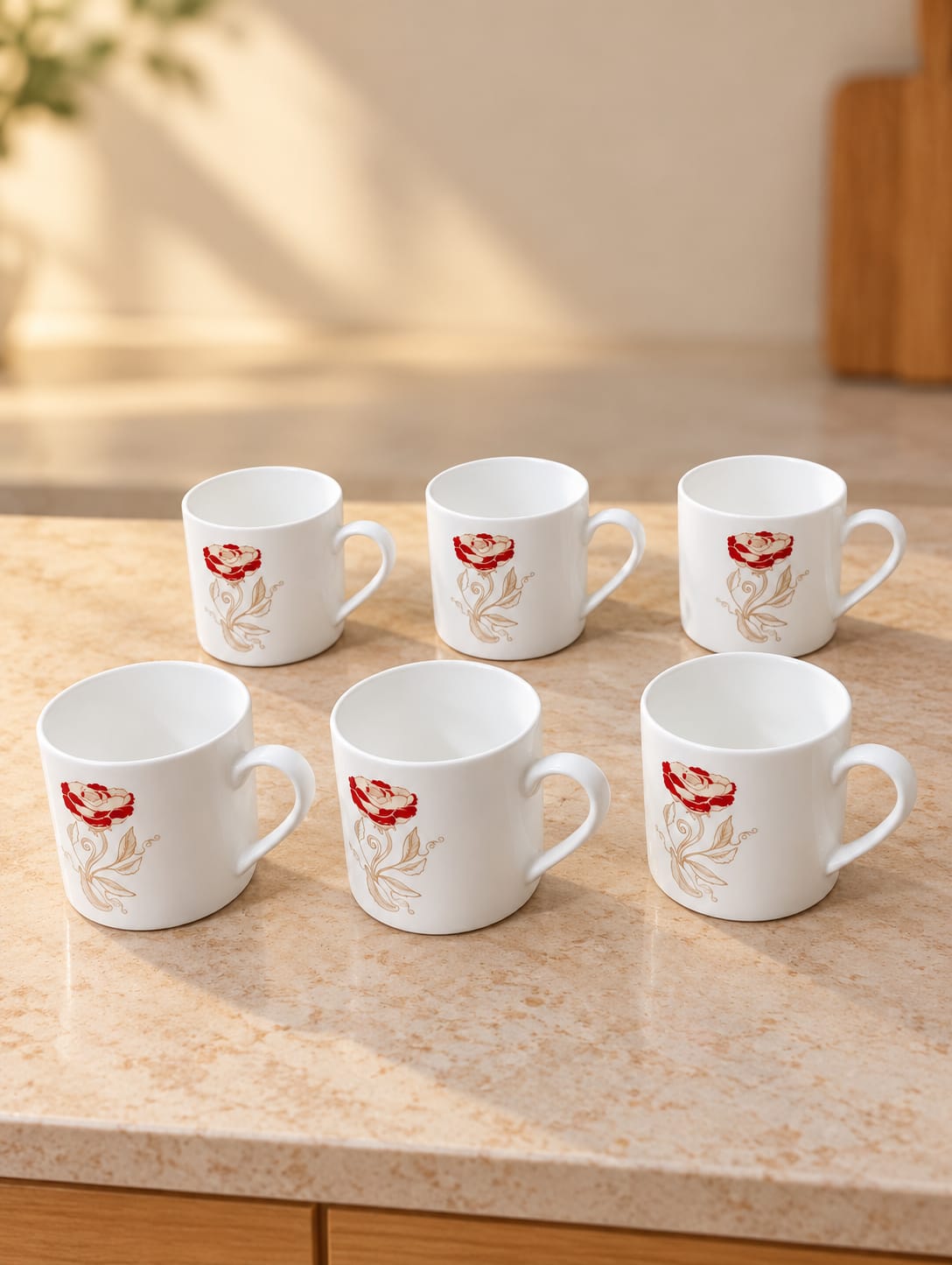 Clay Craft Cup Set 6 Pcs 200 ML Mini Raja 039 | White Tea & Coffee Cups with Red Rose Floral Design | Stylish Mini Cups for Tea, Coffee & Serving