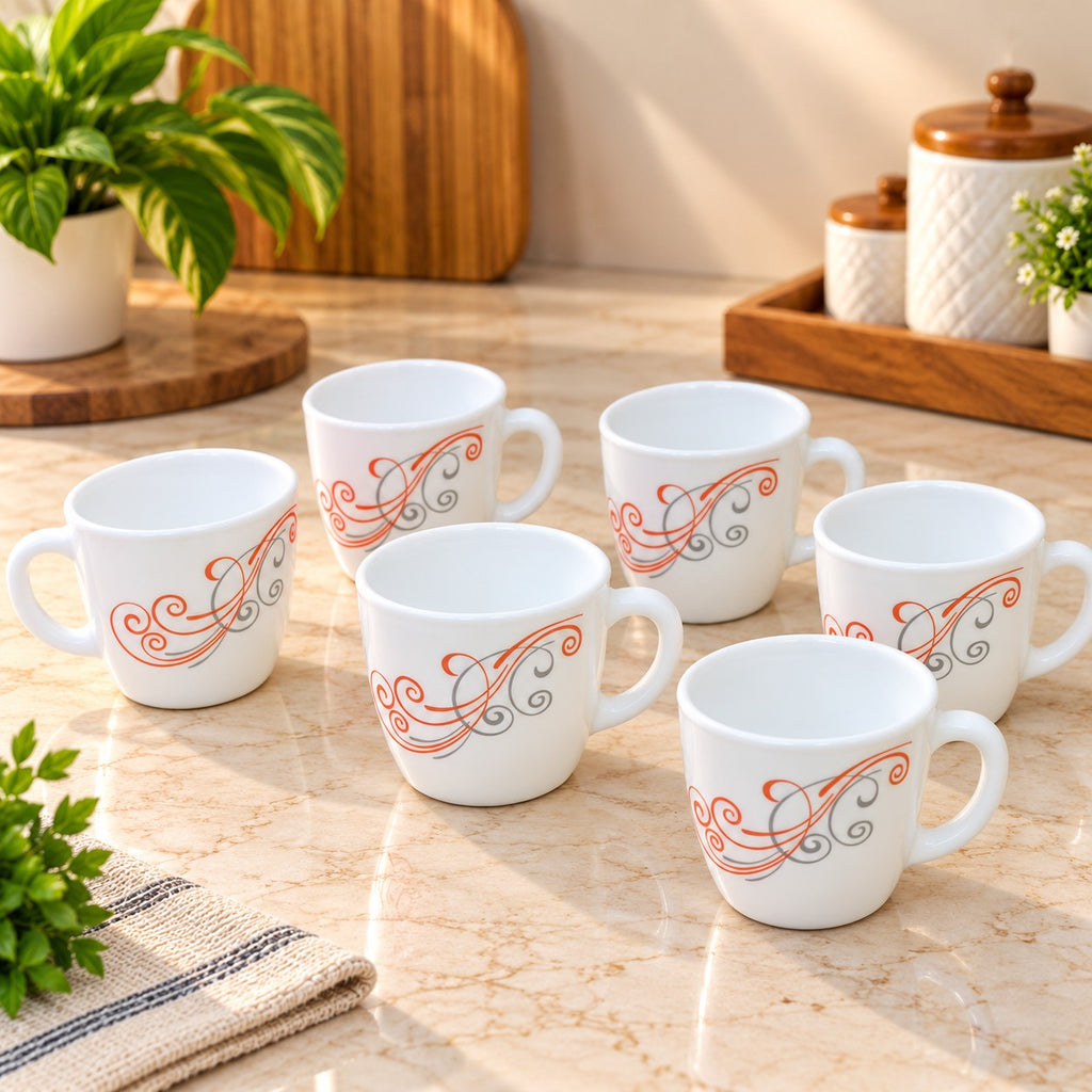 Cello Ricca Red Swirl Cups Set of 6, 100 ml Small Tea Coffee Cups with Elegant Red & Grey Design for Home, Office and Daily Use