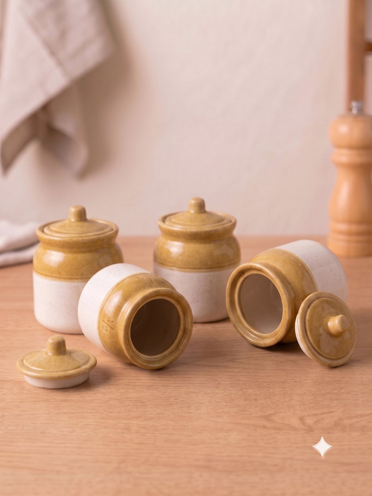 Barniwala 250 ML Ceramic Storage Jars with Lid, Pack of 4 | Premium Cylindrical Kitchen Containers for Pickle, Achar, Spices, Sugar, Tea, Coffee, Dry Fruits & Snacks | Stylish Pantry Organizer & Food Storage Canisters