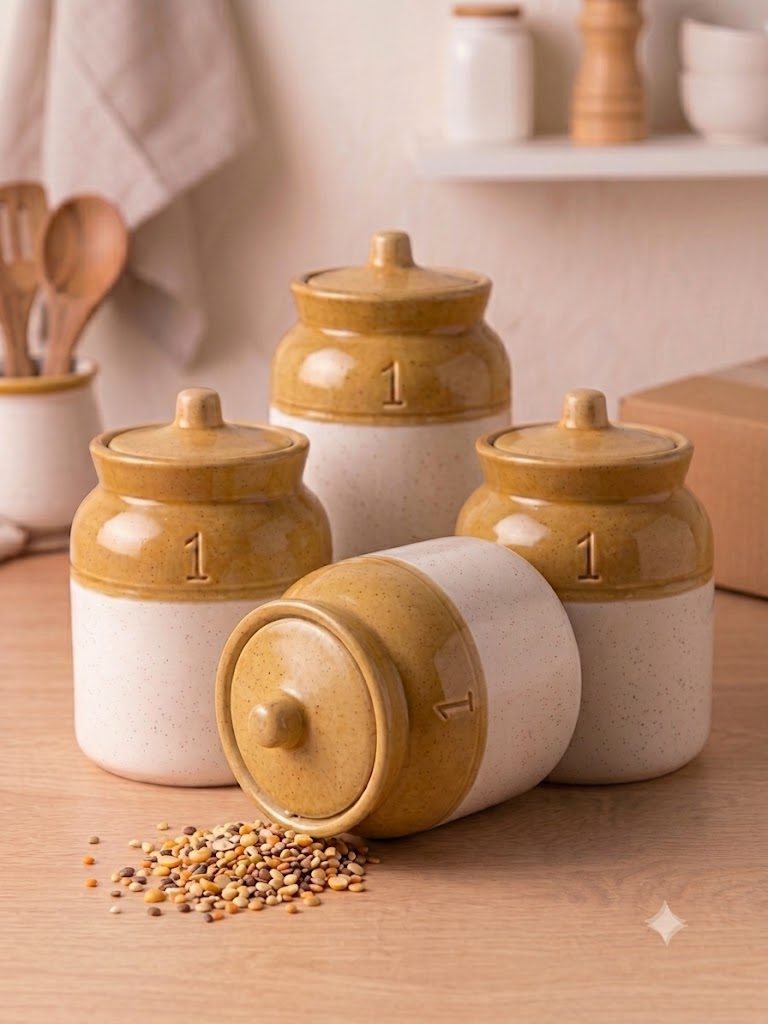 Barniwala 500 ML Ceramic Storage Jar with Lid, Pack of 4 | Premium Cylindrical Kitchen Containers for Pickle, Achar, Spices, Sugar, Tea, Coffee, Dry Fruits & Snacks | Stylish Pantry Organizer & Food Storage Canisters