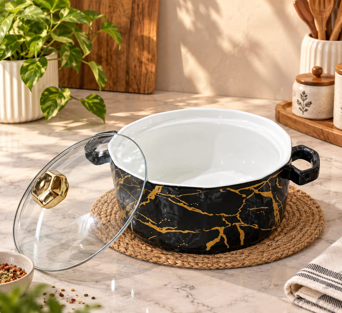Ceramic Casserole with Glass Lid & Handles | Elegant Black Marble Design Serving & Storage Casserole Dish | Kitchen Hot Pot for Rice, Curry, Dal, Biryani, Pasta & Snacks | Stylish Table Serving Dish