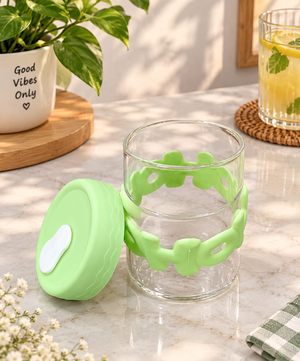HOHO Glass Sipper with Straw & Lid, Cute Green Cartoon Design Glass Tumbler | Reusable Drinking Cup for Water, Juice, Lemonade, Cold Coffee & Smoothies | Stylish Drinkware for Home, Office & Travel