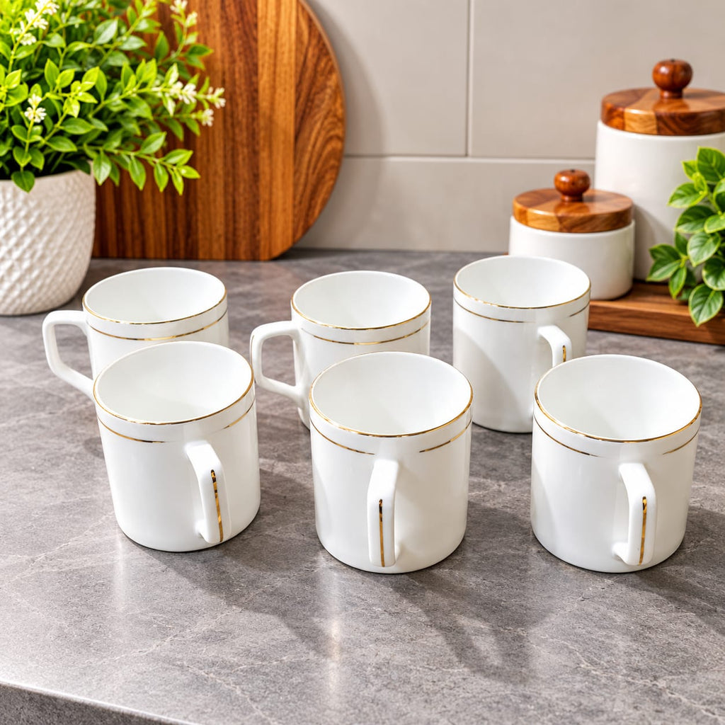 BHARAT Cup Set of 6 Pcs Director Big – Golgen Line 250 ML | Premium White Tea & Coffee Cups with Golden Border | Stylish Cup Set for Home, Office & Gifting
