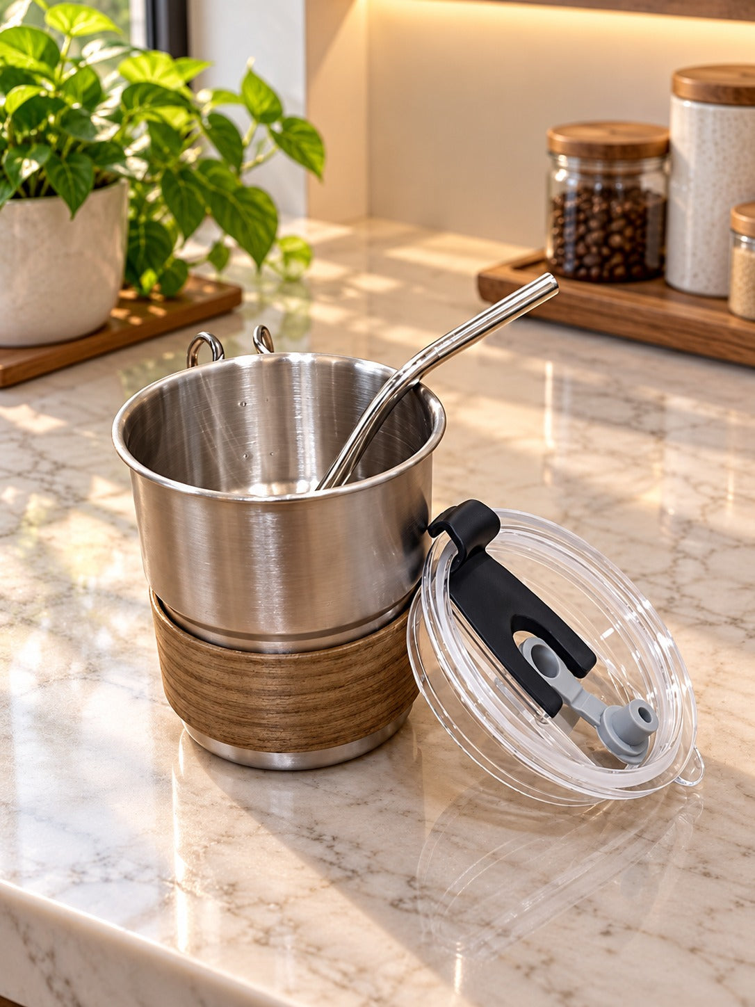 Steel Coffee Cup with Handle, Stainless Steel Coffee Mug with Lid & Straw | Reusable Hot & Cold Beverage Cup for Coffee, Tea, Milk, Juice, Office, Home & Travel