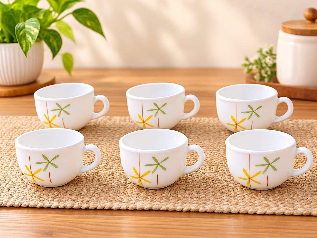 La Opala Autumn Flowers Cup Set of 6, 100 ml Each | Elegant Floral Design Tea & Coffee Cups | Premium White Opalware Cups for Home, Kitchen & Gifting
