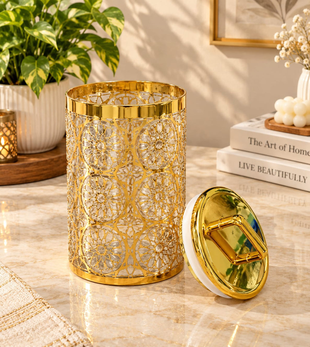 Barniwala Deluxe Gold Canister with Premium Decorative Design & Lid | Elegant Kitchen Storage Container for Dry Fruits, Snacks, Tea, Coffee, Sugar & Spices | Stylish Food Storage Jar for Home & Dining