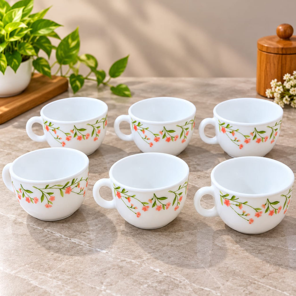 La Opala Spring Meadows Cup Set of 6, 100 ml Each, White Floral Tea & Coffee Cups
