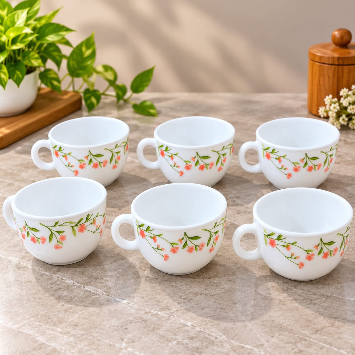 La Opala Spring Meadows Cup Set of 6, 100 ml Each, White Floral Tea & Coffee Cups