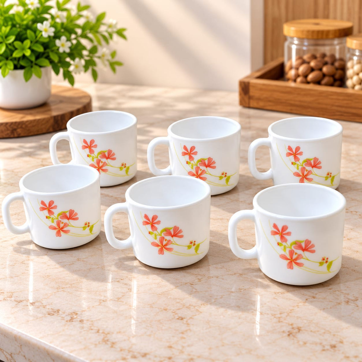 La Opala Coral Charm Cup Set of 6 | 120 ML Floral Printed Coffee & Tea Cups | Elegant White Opalware Cups for Home, Office & Gifting