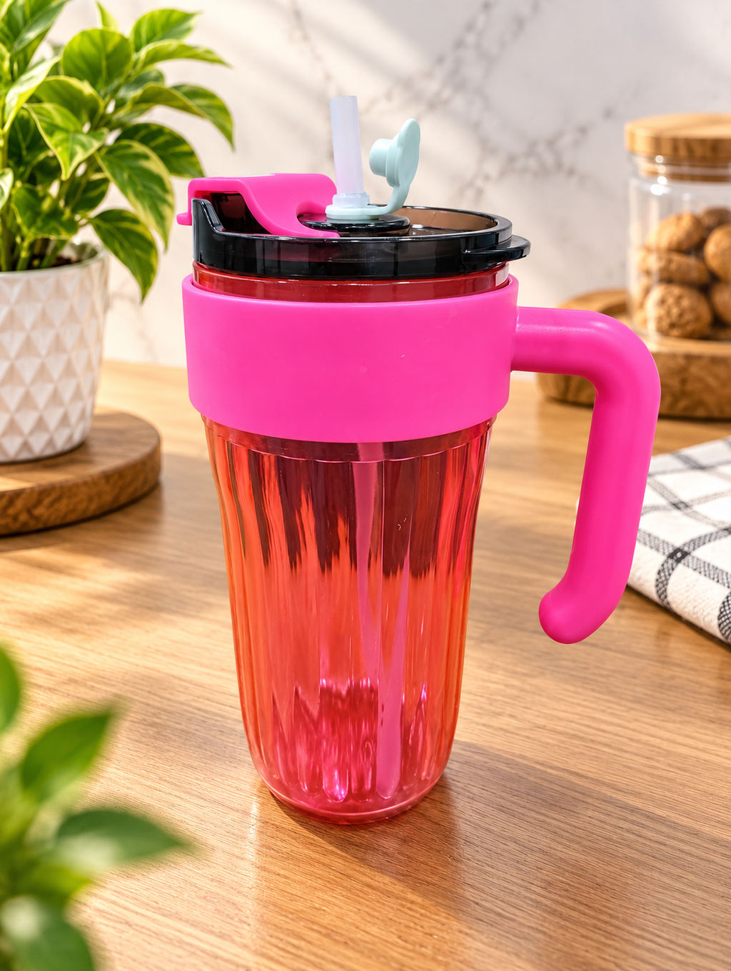 Coffee Cup Pack of 1 | Pink Ribbed Glass Coffee Mug with Handle, Lid & Straw | Stylish Glass Tumbler for Hot & Cold Coffee, Tea, Milkshake, Juice & Beverages