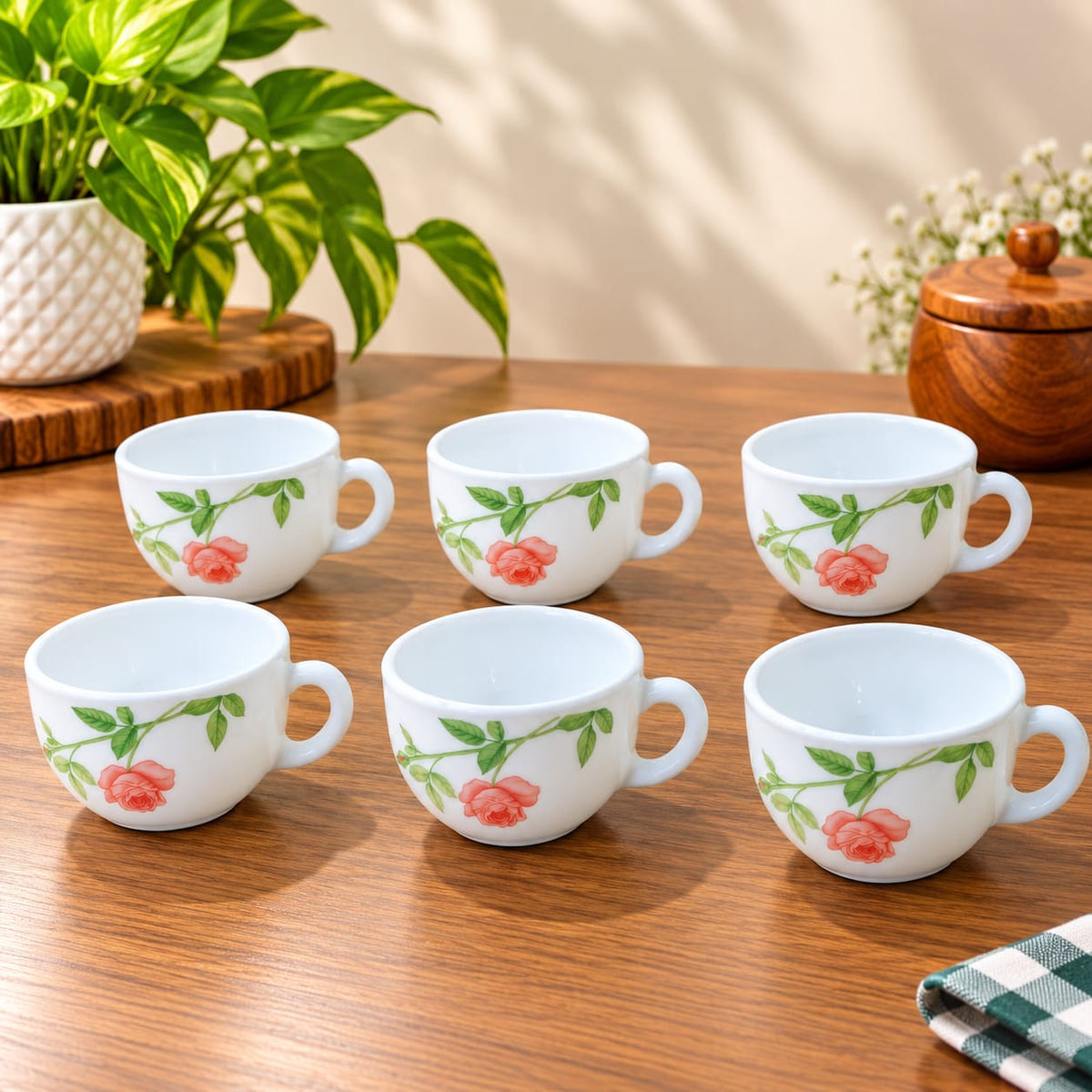 La Opala Rose Garden Cup Set of 6, 100 ML Each | White Floral Tea Cups with Pink Rose Design | Elegant Small Cups for Tea, Coffee & Serving
