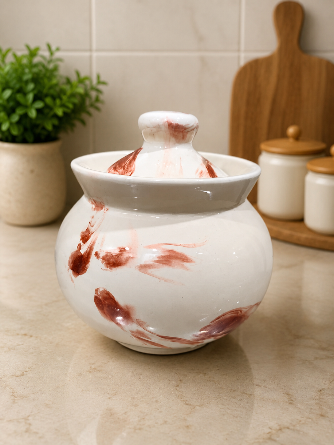 Barniwala 350 ML Ceramic Marbled Handi Storage Jar with Lid | Pack of 2 | Decorative Kitchen Canister for Pickle, Spices, Sugar, Tea, Coffee, Dry Fruits & Snacks