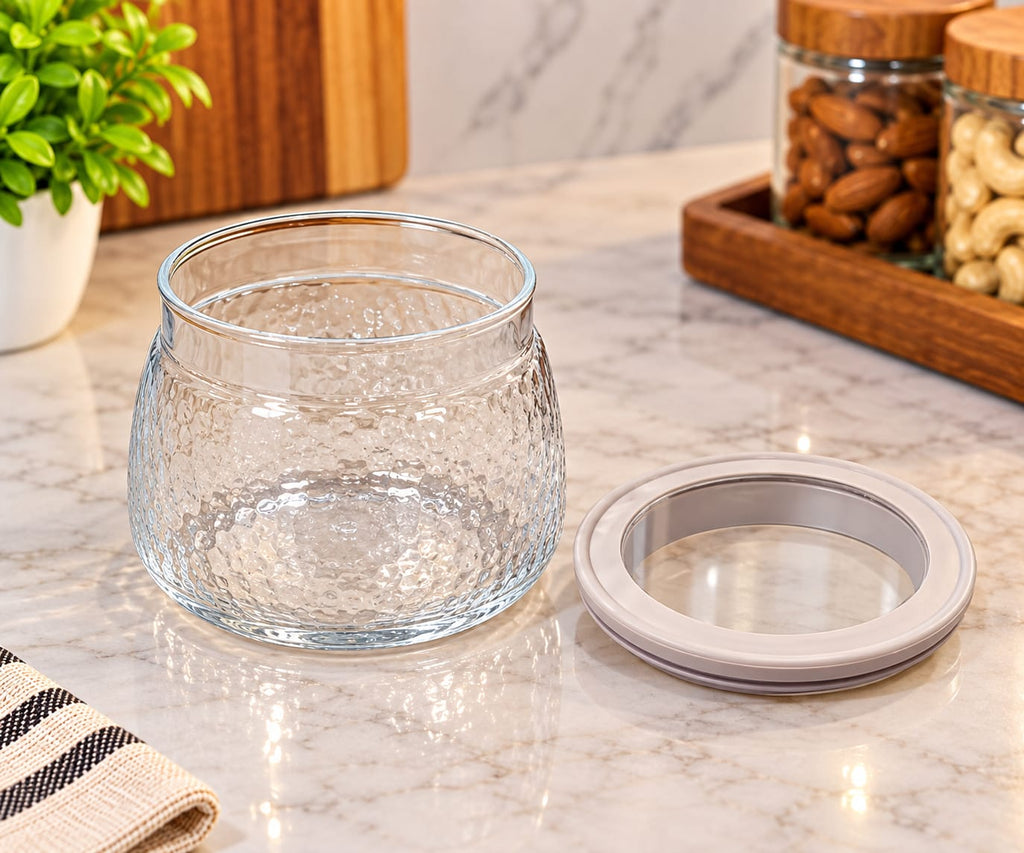 Barniwala Diamond Glass Storage Jar 790 ML, 1 Pc | Textured Transparent Kitchen Container with Lid | Premium Multipurpose Jar for Dry Fruits, Cookies, Snacks, Sugar, Tea & Coffee