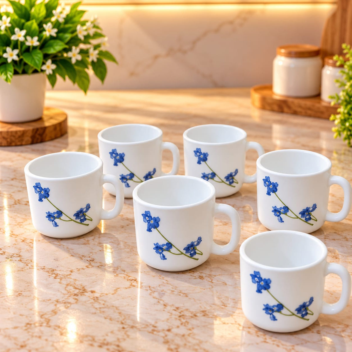 La Opala Blue Orchids Cup Set of 6 | 120 ML Floral Printed Tea & Coffee Cups | Elegant White Cups for Home, Office & Gifting