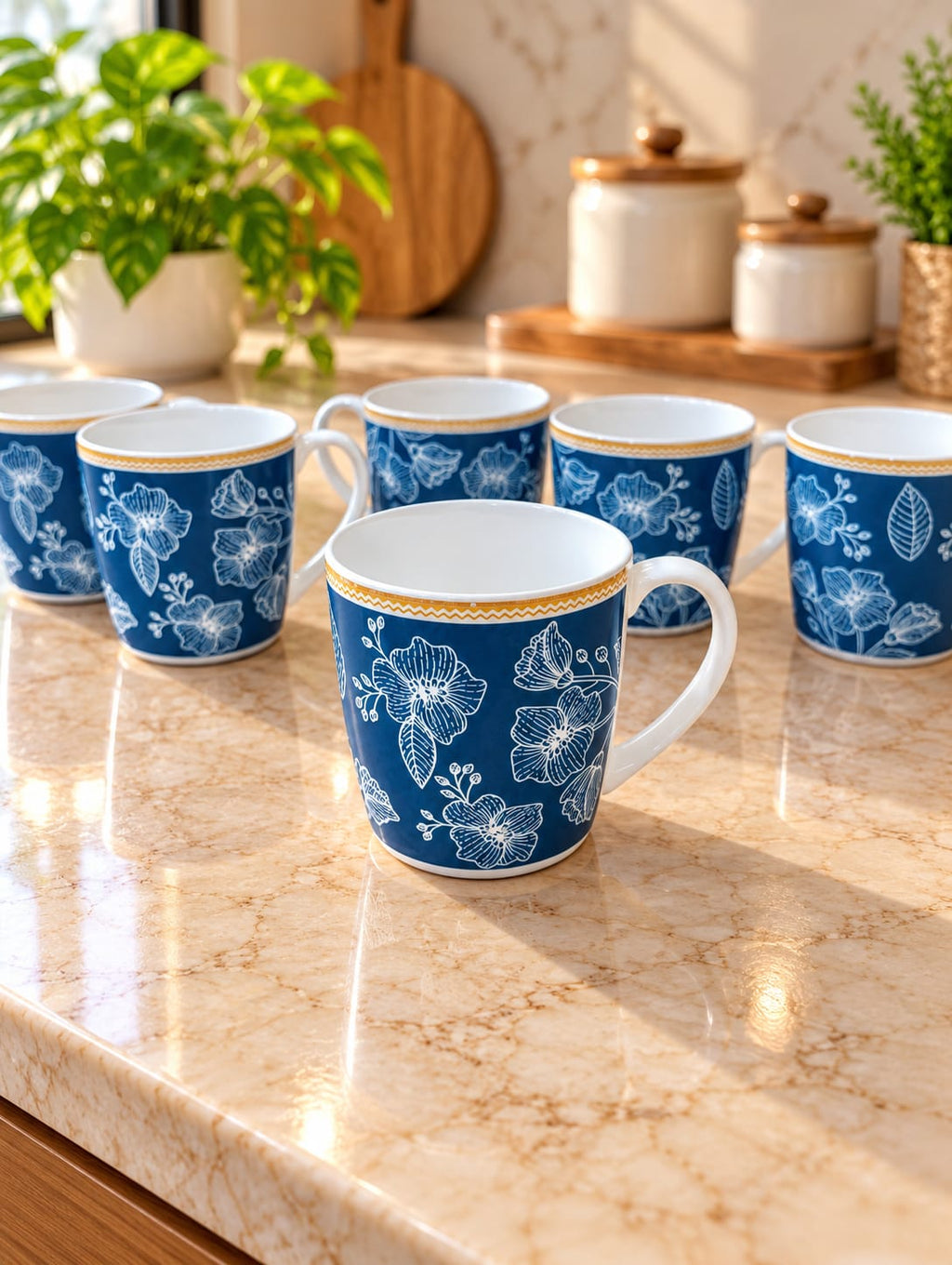 CLAY CRAFT Coffee Mug Set of 6, 300 ML Big Coffee Cups, Tea & Coffee Mugs, Blue Floral Printed Cups for Home, Office & Kitchen