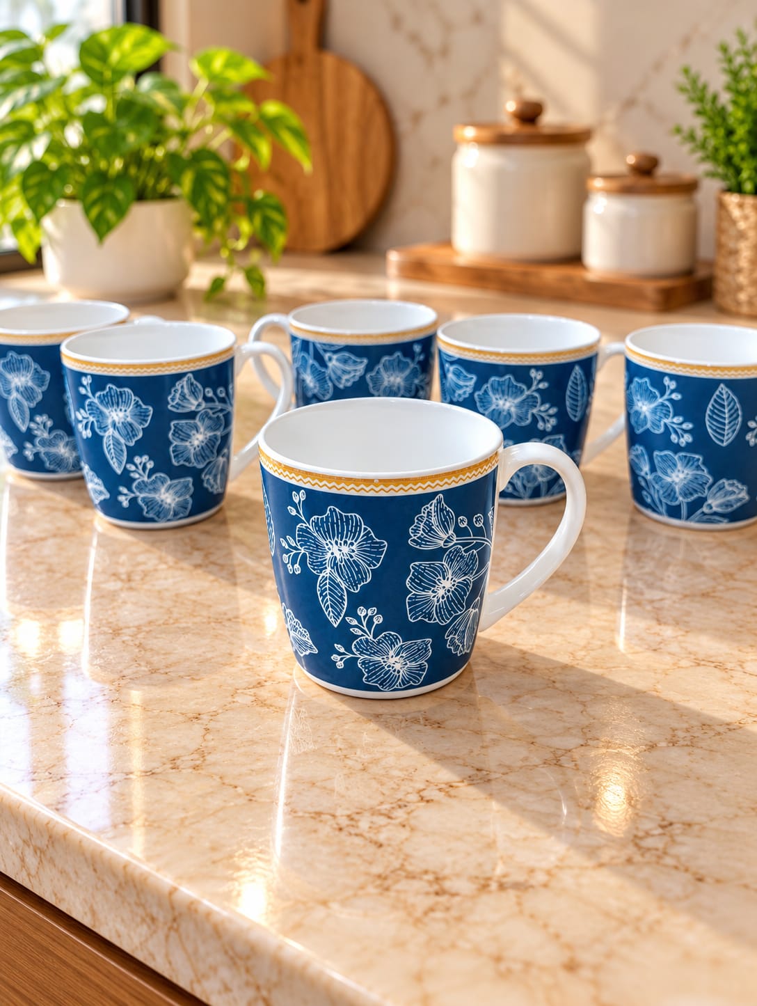 CLAY CRAFT Coffee Mug Set of 6, 300 ML Big Coffee Cups, Tea & Coffee Mugs, Blue Floral Printed Cups for Home, Office & Kitchen