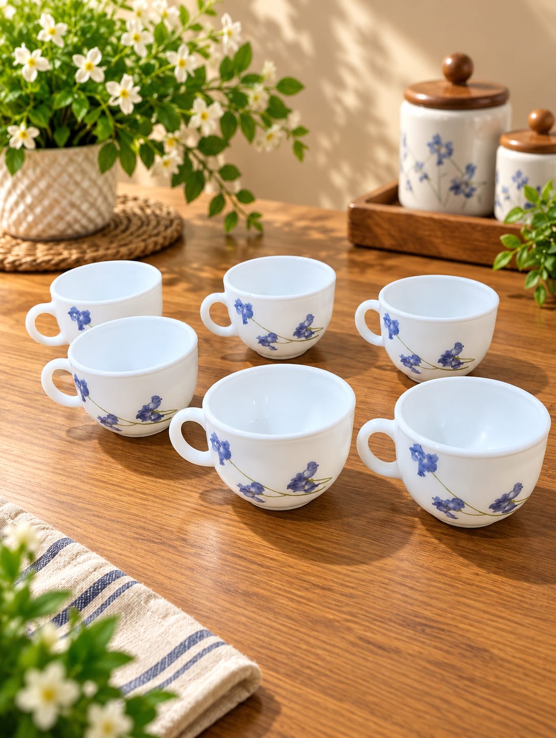La Opala Blue Orchids Cup Set of 6, 100 ML | Elegant White Cups with Blue Floral Design | Premium Opalware Tea & Coffee Cups for Home, Office & Gifting