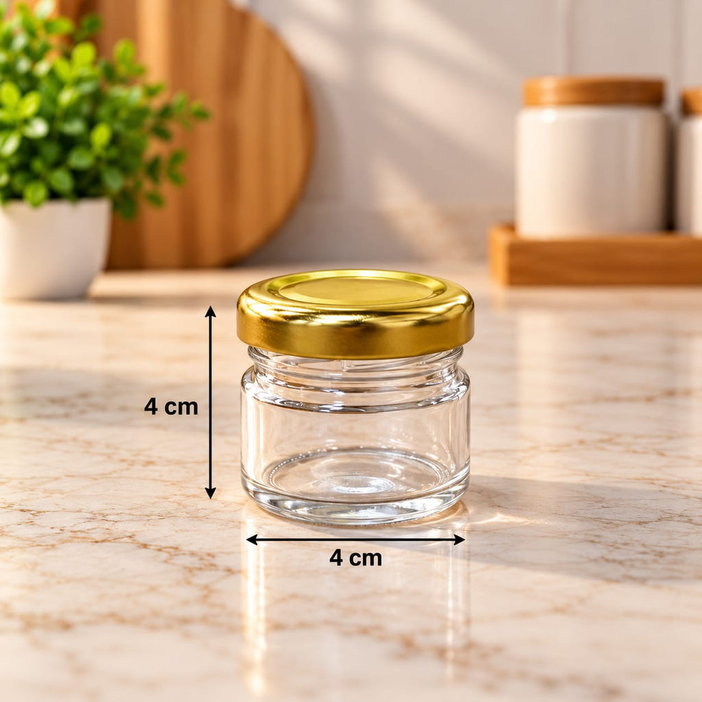30 ML Cylindrical Glass Jars with Golden Metal Lid, Set of 12 | Mini Clear Glass Storage Containers for Spices, Dry Fruits, Honey, Candles, Crafts & Kitchen Use