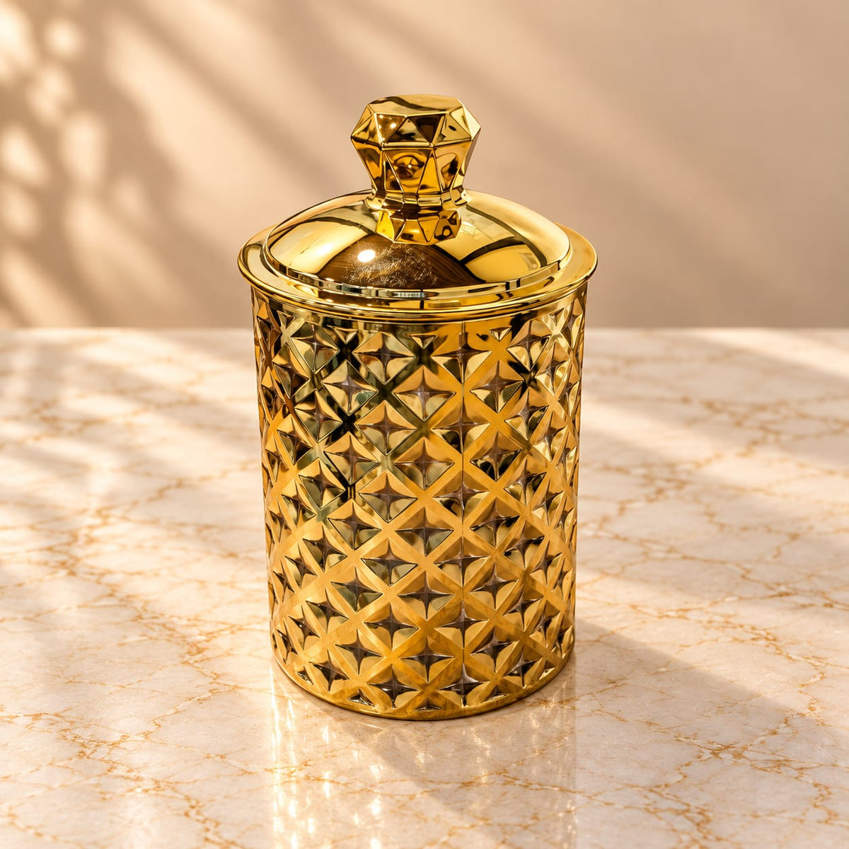 Deluxe Trellis Design Storage Canister 800 ML | Premium Golden Decorative Airtight Container with Lid | Kitchen, Dry Fruits, Spices & Multipurpose Storage Jar