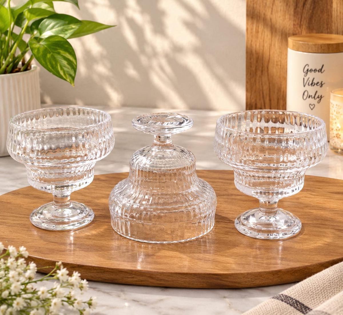 YUJING Glass Dessert Bowls Set of 3 | Elegant Ribbed Crystal Glass Ice Cream & Pudding Bowls | Dessert Cups for Ice Cream, Mousse, Custard, Fruit, Snacks & Sweets | Stylish Serving Bowls for Home & Parties