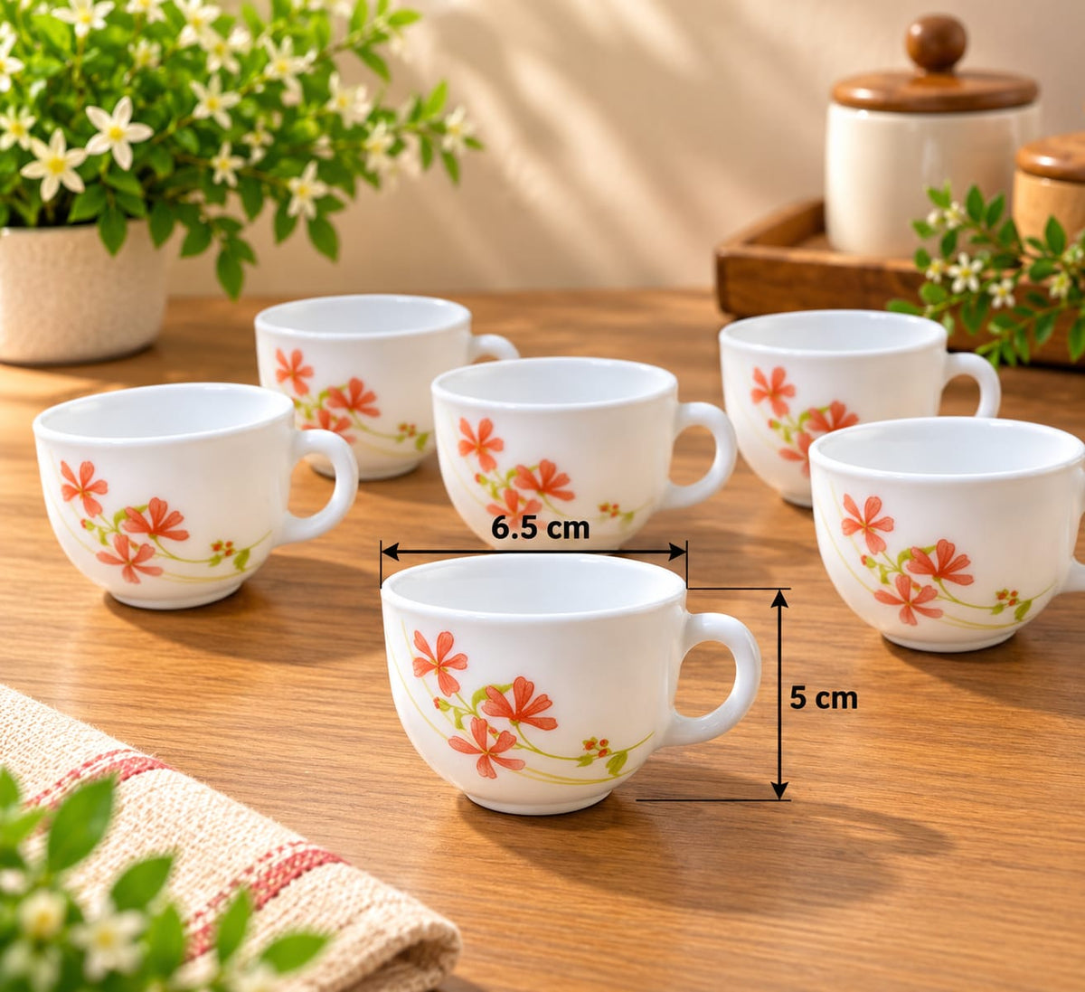 La Opala Coral Charm Cup Set of 6, 100 ml Each | White Opalware Tea & Coffee Cups with Floral Design