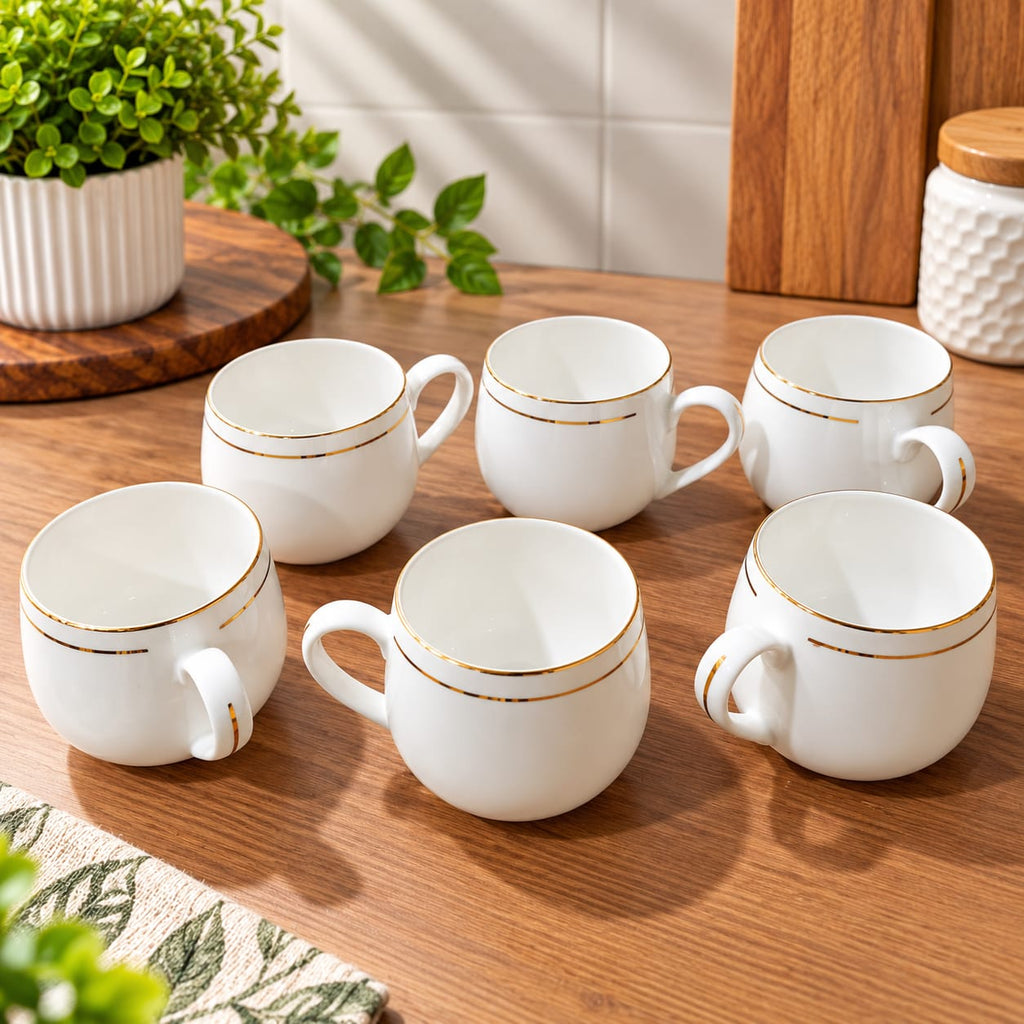 BHARAT CUP SET 6 PCS ANICA – GOLD LINE 200 ML | Premium White Ceramic Tea & Coffee Cups | Elegant Gold Rim Design | Cups Set for Home, Office & Gifting