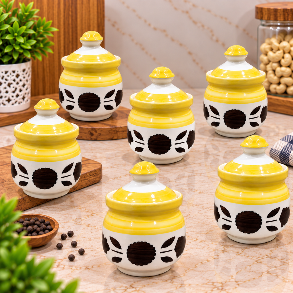 Barniwala 100 ML Ceramic Pickle Handi Jar with Lid | Mini Decorative Kitchen Storage Container for Pickle, Achar, Chutney, Spices, Masala & Condiments | Traditional Handi Style Food Storage Pot