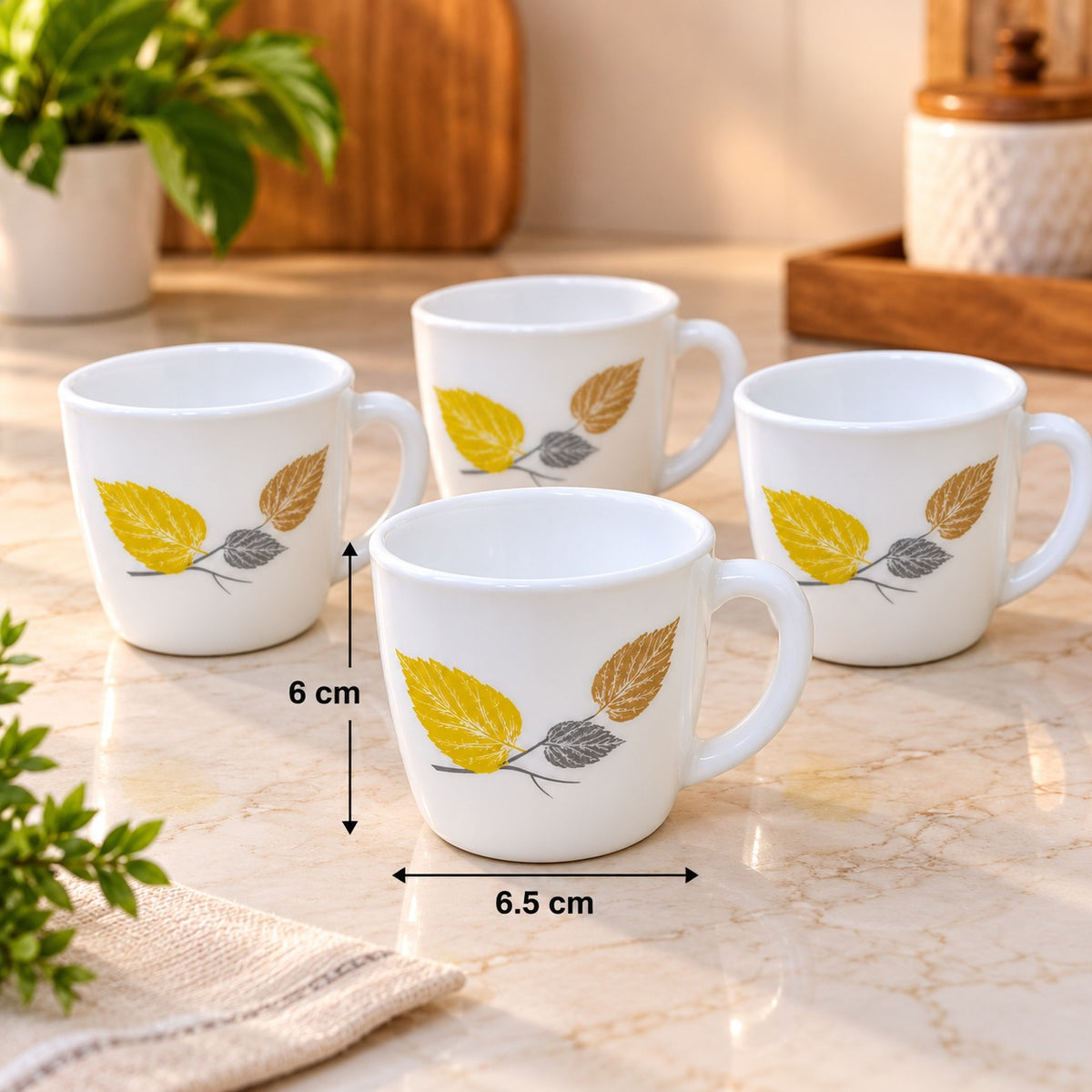 Cello Ricca Autumn Leaf Look Cup Set, 6 Pieces, 100 ml Each, White Cups with Elegant Autumn Leaf Design for Tea, Coffee and Daily Use