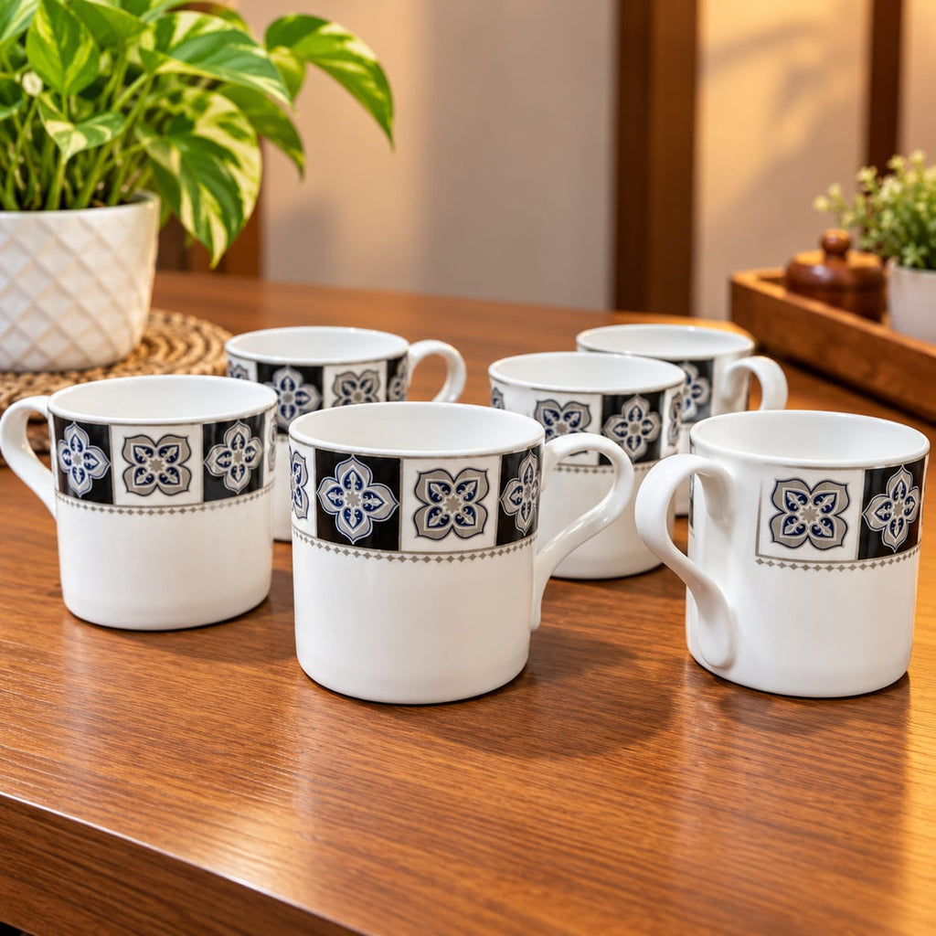BHARTA Cup Set of 6, King Platina Series, 180 ML Tea & Coffee Cups, Elegant Printed Design, White Cups for Home, Kitchen & Office
