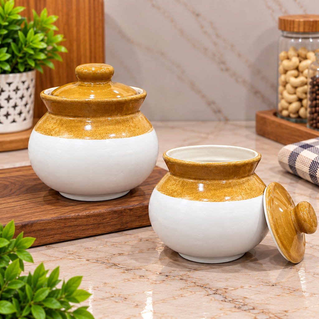 Barniwala 350 ML Ceramic Loota Handi Storage Jar with Lid | Traditional & Decorative Kitchen Container for Pickle, Achar, Spices, Sugar, Tea, Coffee, Dry Fruits & Snacks | Food Storage Pot