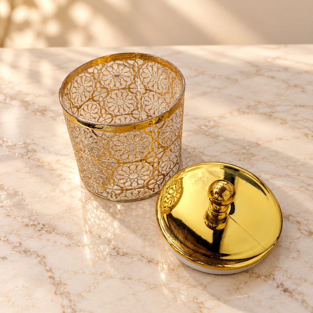 Deluxe Moroccan Geometric Pattern Decorative Canister with Lid | 550 ML | Elegant Gold Finish Storage Container for Kitchen, Home & Décor