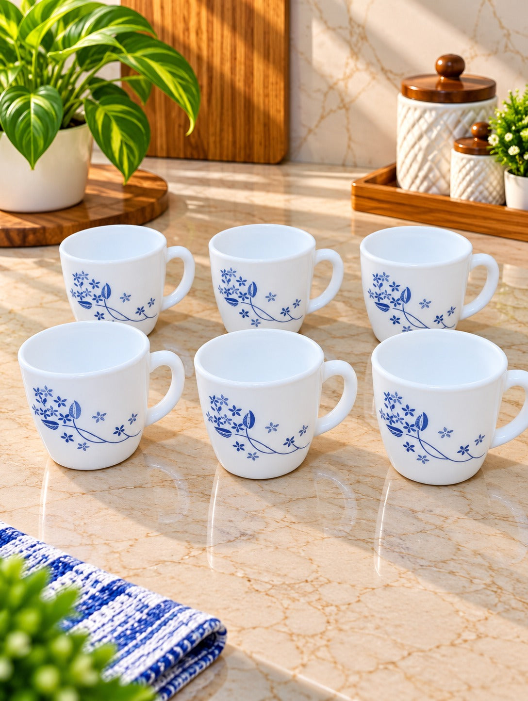 Cello Ricca Dainty Blue Cups 100 ML, Pack of 6 | Elegant Blue Floral Printed Tea Cups for Tea, Coffee, Milk & Espresso | Stylish Small Beverage Cups for Home, Office & Daily Use