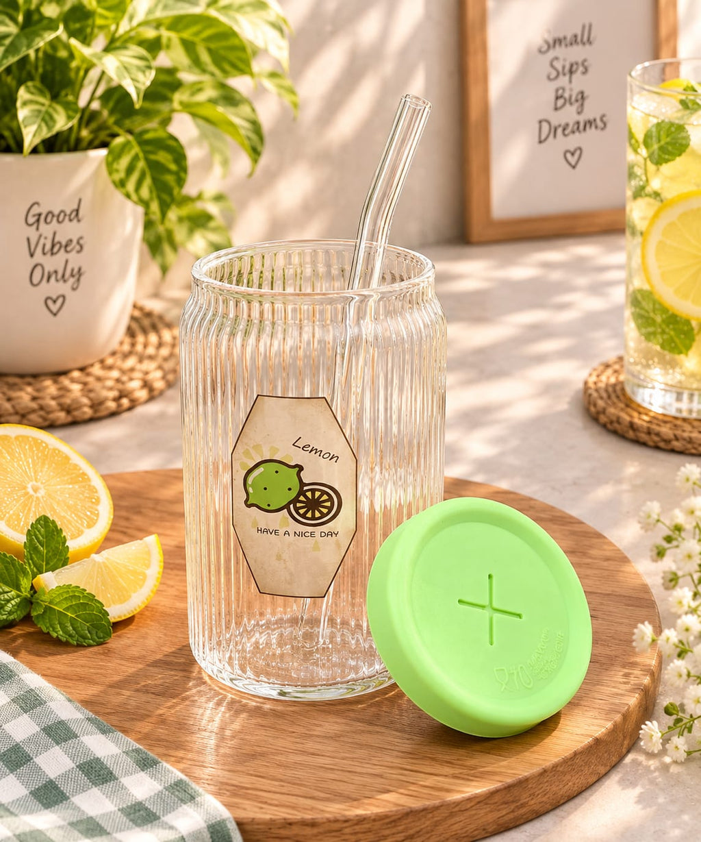 Glass Sipper with Straw, Transparent Ribbed Glass Water Bottle with Green Lid | Reusable Drinking Cup for Juice, Water, Lemonade, Cold Coffee & Beverages | Stylish Home, Office & Travel Drinkware