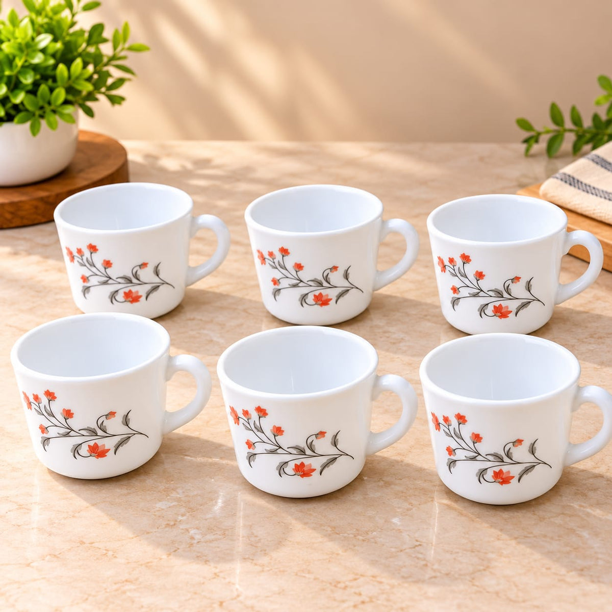 Cello Prince Cup Red Grapevine Printed Ceramic Cups Set of 6, 130 ml