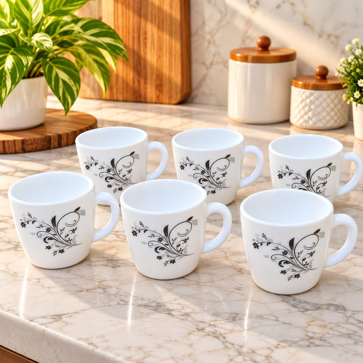 Cello Ricca Black Swirl Tea Cups Set of 6, 100 ML Each, White Cups with Elegant Black Floral Design for Tea, Coffee & Serving