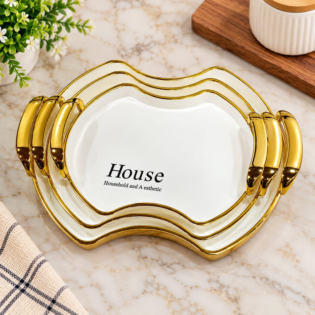 Acrylic Serving Tray Set of 3 | Premium Decorative Serving Platters with Golden Handles & Elegant Design | Multipurpose Food Serving Tray for Snacks, Sweets, Dry Fruits, Tea & Coffee