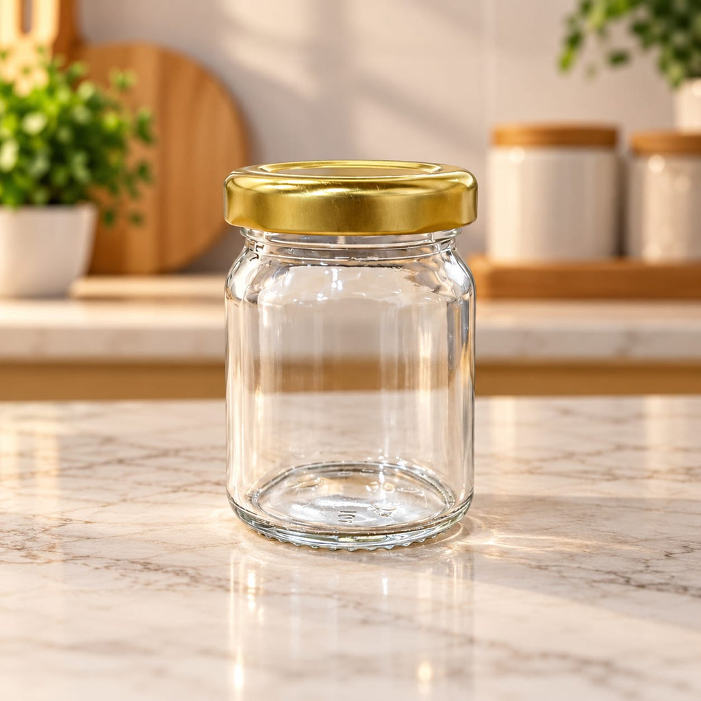 Cylindrical Glass Jar 60 ML with Golden Metal Lid, Set of 12 | Small Clear Glass Storage Jars for Spices, Dry Fruits, Pickles, Honey & Kitchen Storage