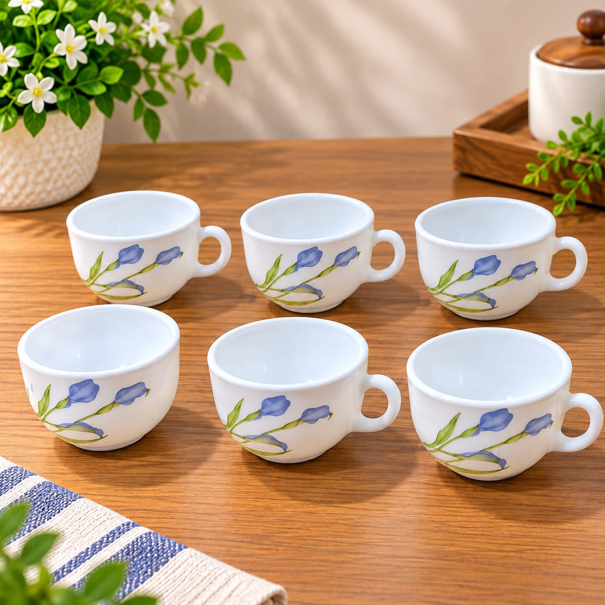 La Opala Tender Trio Cup Set of 6 Pieces, 100 ML Each | White Opalware Tea & Coffee Cups with Elegant Blue Floral Design