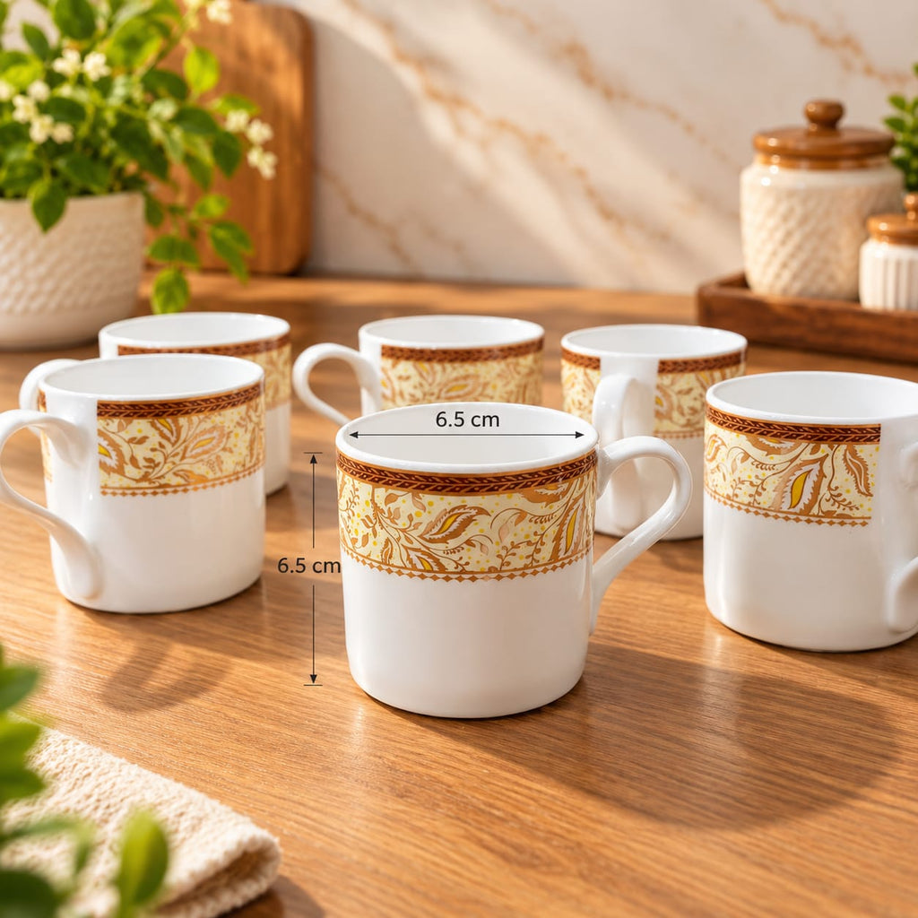 BHARAT Cup Set 6 Pcs King Magic Series 200 ML | Stylish White Tea & Coffee Cups with Golden Decorative Design | Premium Cup Set for Home, Office & Gifting