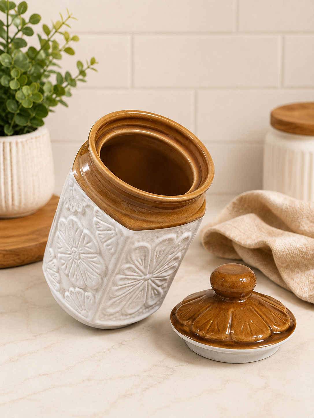 Barniwala 2000 ML Ceramic Carving Storage Jar with Lid | Premium Decorative Kitchen Container for Pickle, Achar, Spices, Sugar, Tea, Coffee, Dry Fruits & Snacks | Stylish Pantry Organizer & Food Storage Canister