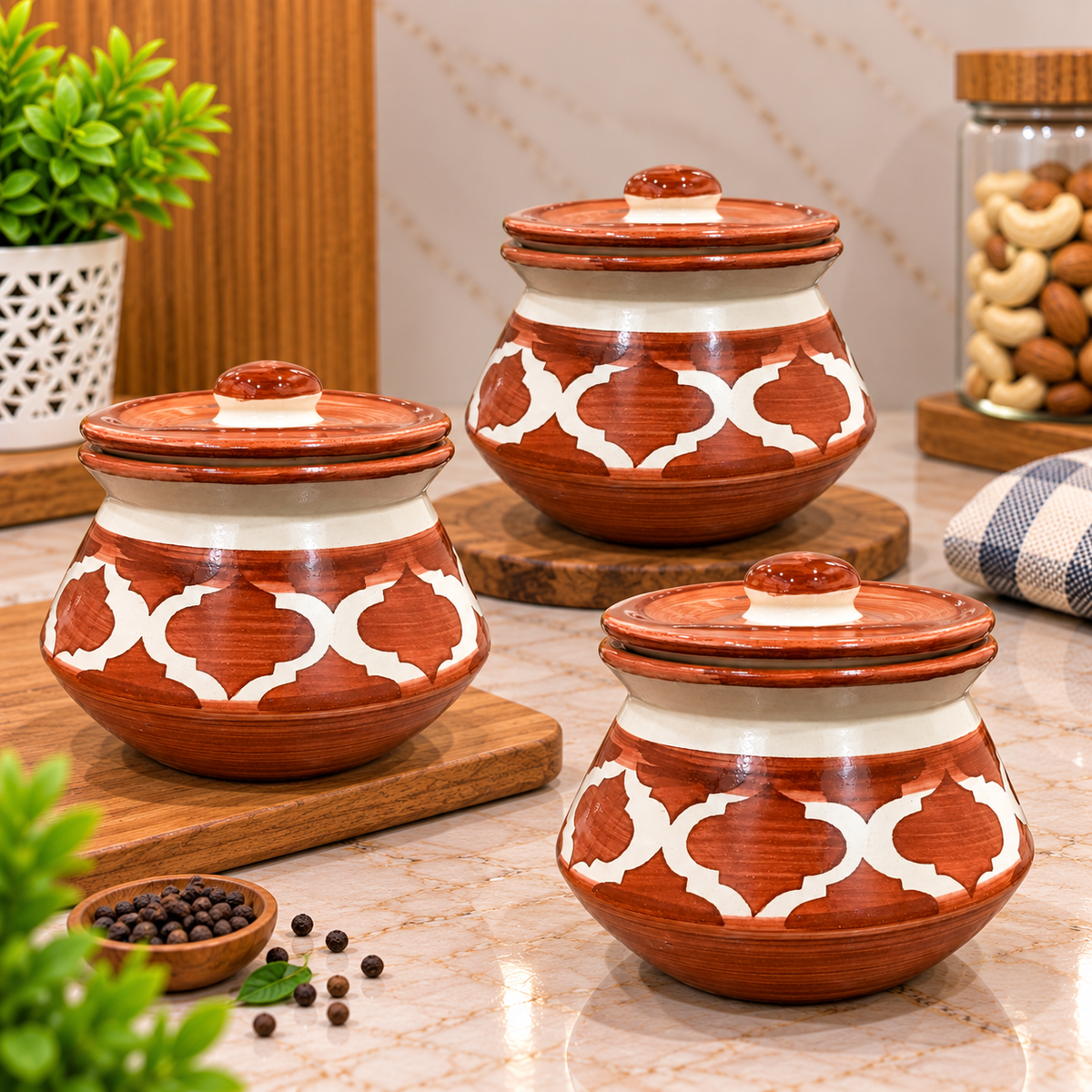 Barniwala 250 ML Ceramic Fancy Handi Jar with Lid | Decorative Kitchen Storage Container for Pickle, Achar, Spices, Sugar, Tea, Coffee, Dry Fruits & Snacks | Traditional Handi Style Storage Pot