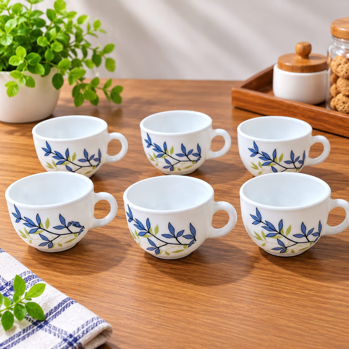 La Opala Silken Charm Cup Set of 6, 100 ML Each | White Cups with Blue & Green Floral Design | Elegant Tea & Coffee Cups for Home