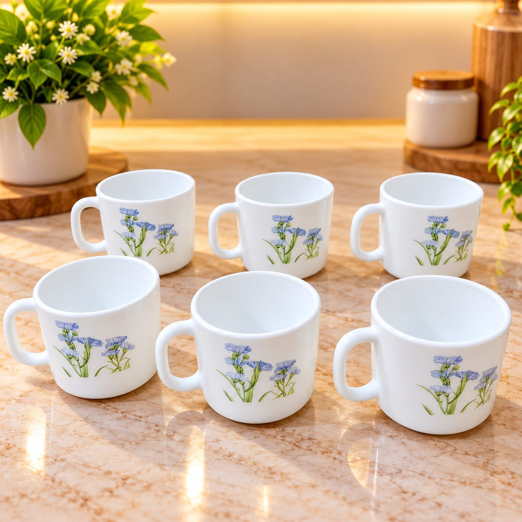 La Opala Blue Florets Cup Set of 6 | 120 ML Small Tea & Coffee Cups | Elegant Floral Printed Cups for Home, Office & Gifting