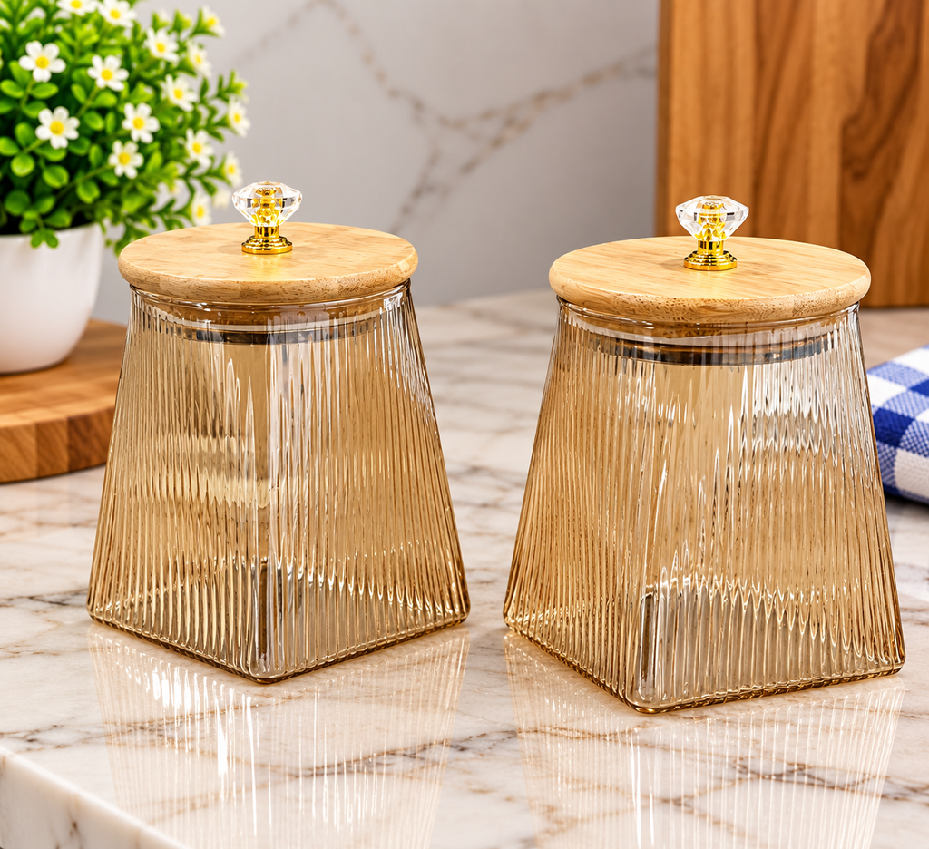 Barniwala Set of 2 Round Heaven & Square Earth Fluted Pattern Glass Storage Jars with Bamboo Lids & Crystal Knobs, Decorative Kitchen Containers for Dry Fruits, Nuts, Snacks & Spices